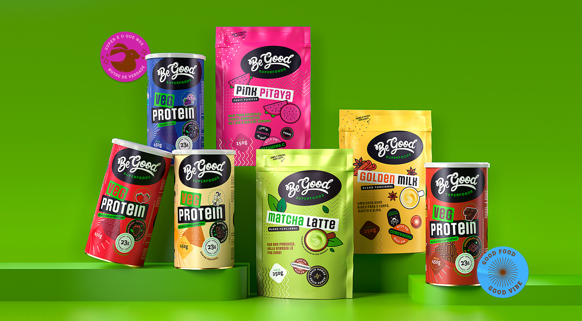 Projeto design de embalagem Be Good Superfoods.